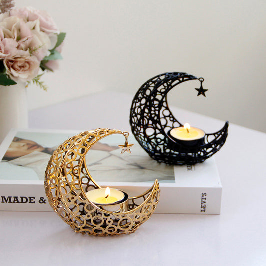 Celestial Crescent Moon Candle holder- Star Moon Black Gold Metal Candle Holder Modern Romantic design - Aurora Corner Shop