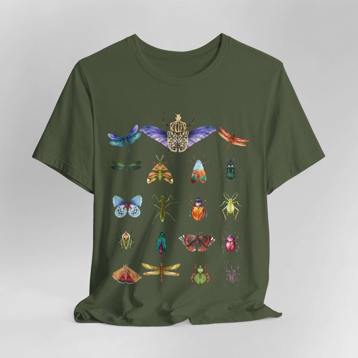Bugs Entomology Insects T-shirt Cool Watercolour Bug and Beetle Shirt featuring an entomology-inspired insect design, perfect for bug lovers and nature enthusiasts. Made from soft, breathable 100% Airlume cotton, this unisex t-shirt is ideal for hiking, camping, and wildlife watching. Eco-friendly production by Bella+Canvas, with durable ribbed collars and a tear-away label for maximum comfort