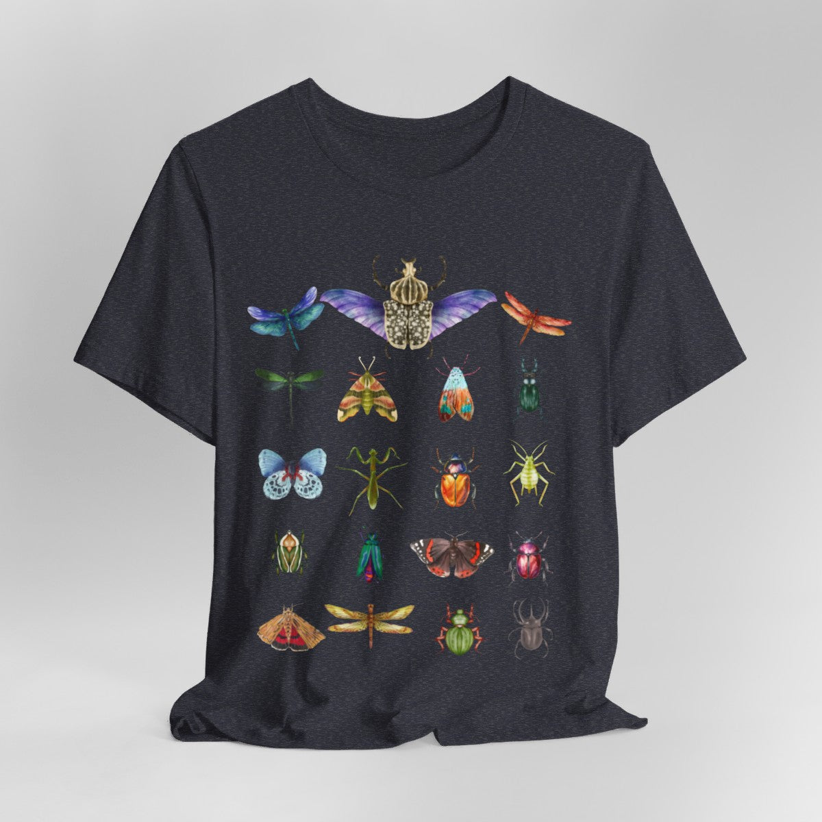 Cool Watercolour Bug and Beetle Shirt featuring a nature-inspired insect design, crafted from soft, breathable 100% Airlume combed cotton. Perfect for outdoor activities like hiking, camping, and wildlife watching, as well as casual wear. Eco-friendly production by Bella+Canvas with durable ribbed collars and tear-away label for ultimate comfort.