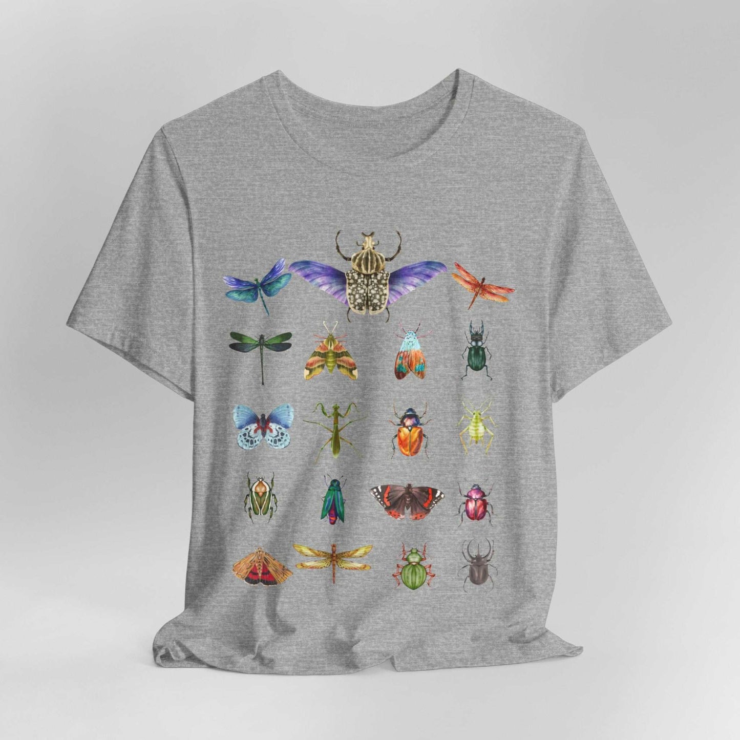 Bugs Entomology Insects T-shirt Cool Watercolour Bug and Beetle Shirt featuring an entomology-inspired insect design, perfect for bug lovers and nature enthusiasts. Made from soft, breathable 100% Airlume cotton, this unisex t-shirt is ideal for hiking, camping, and wildlife watching. Eco-friendly production by Bella+Canvas, with durable ribbed collars and a tear-away label for maximum comfort