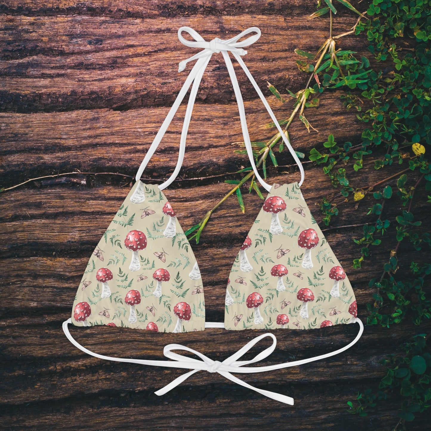 Cottagecore Mushroom Bikini Top with a botanical art design, perfect for a whimsical and nature-inspired look. This witchy, hippie-style bathing suit adds a touch of enchantment to beachwear, making it ideal for nature lovers and those who embrace a cottagecore aesthetic.