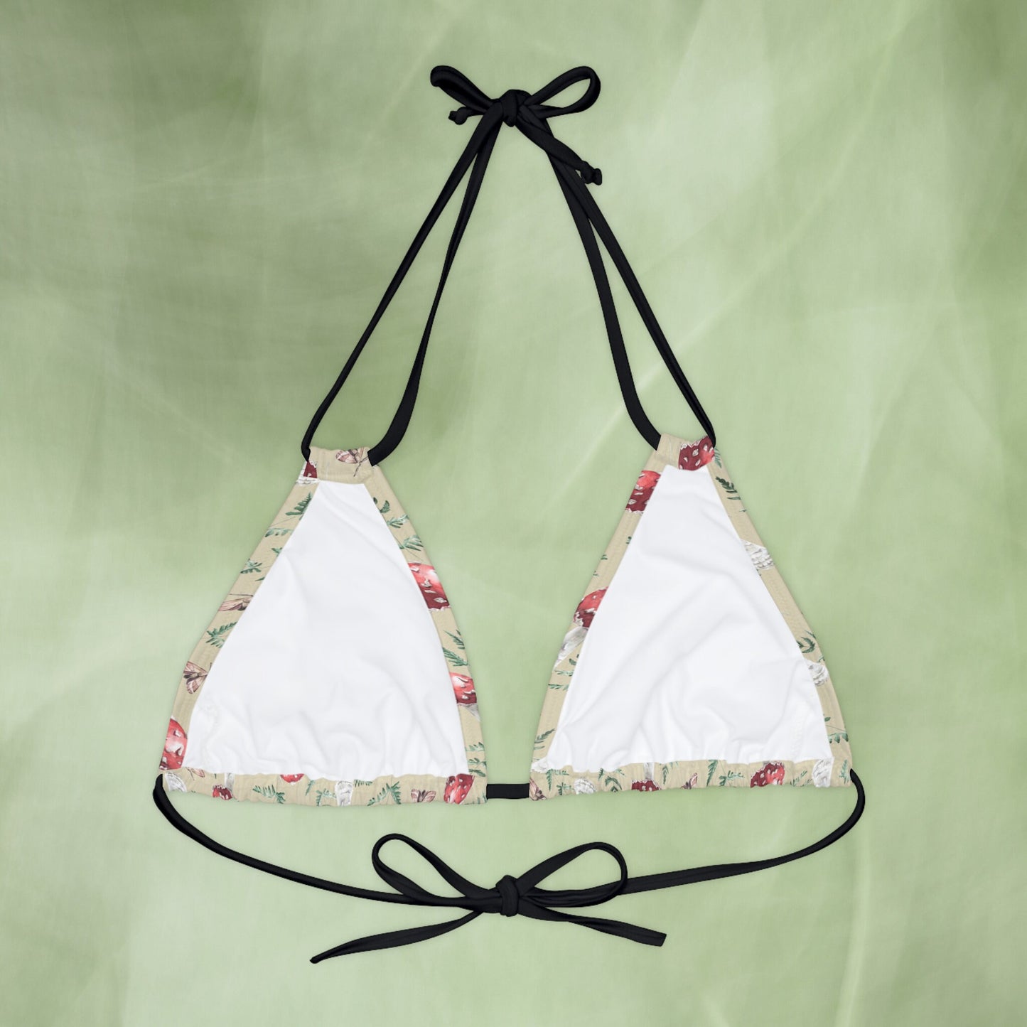 Cottagecore Mushroom Bikini Top with a botanical art design, perfect for a whimsical and nature-inspired look. This witchy, hippie-style bathing suit adds a touch of enchantment to beachwear, making it ideal for nature lovers and those who embrace a cottagecore aesthetic.