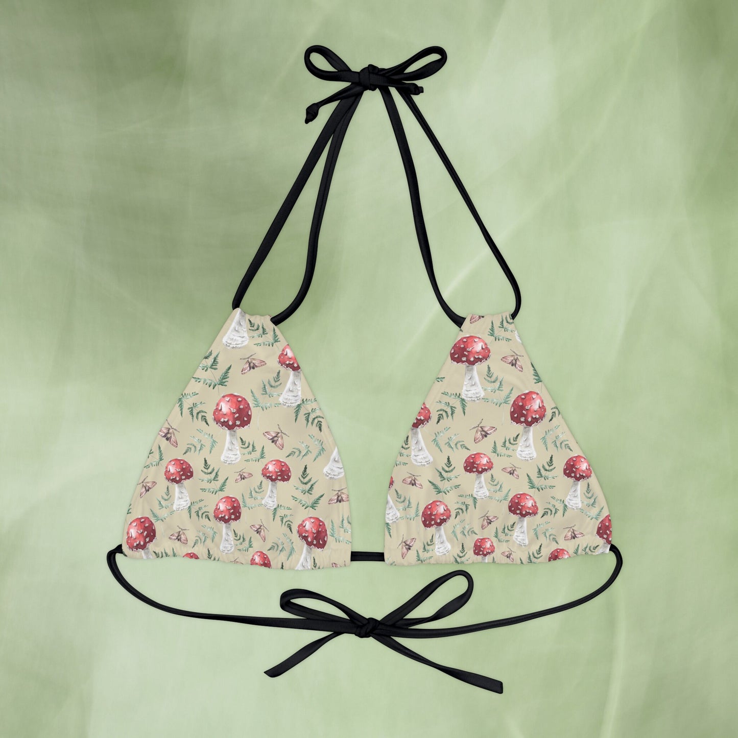 Cottagecore Mushroom Bikini Top with a botanical art design, perfect for a whimsical and nature-inspired look. This witchy, hippie-style bathing suit adds a touch of enchantment to beachwear, making it ideal for nature lovers and those who embrace a cottagecore aesthetic.