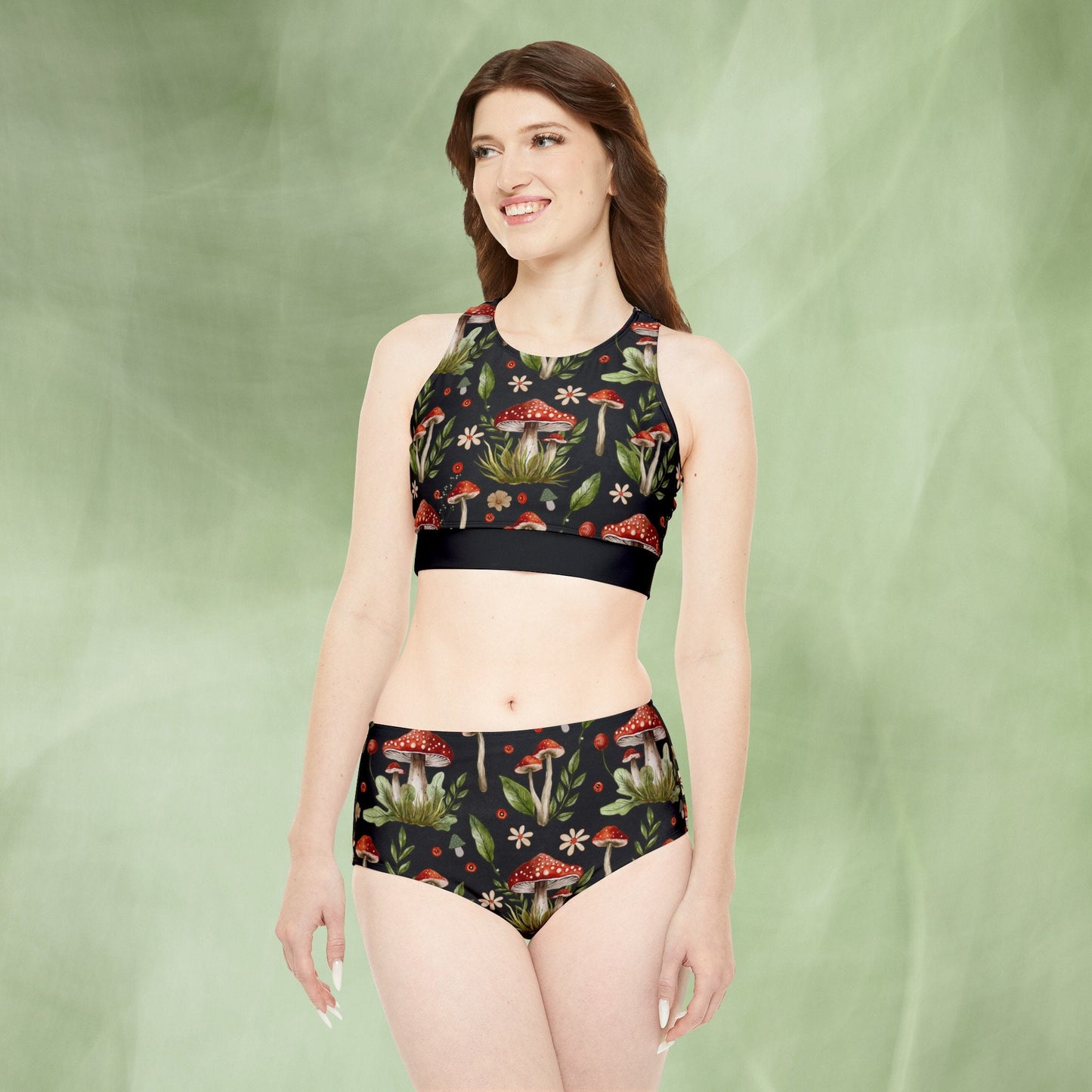 Cottagecore-inspired bikini set featuring a whimsical mushroom print. The swimwear has a botanical theme with witchy vibes, offering a charming and natural aesthetic. The bikini includes both top and bottom pieces, designed for a comfortable fit, perfect for nature lovers and those who embrace a cottagecore style.