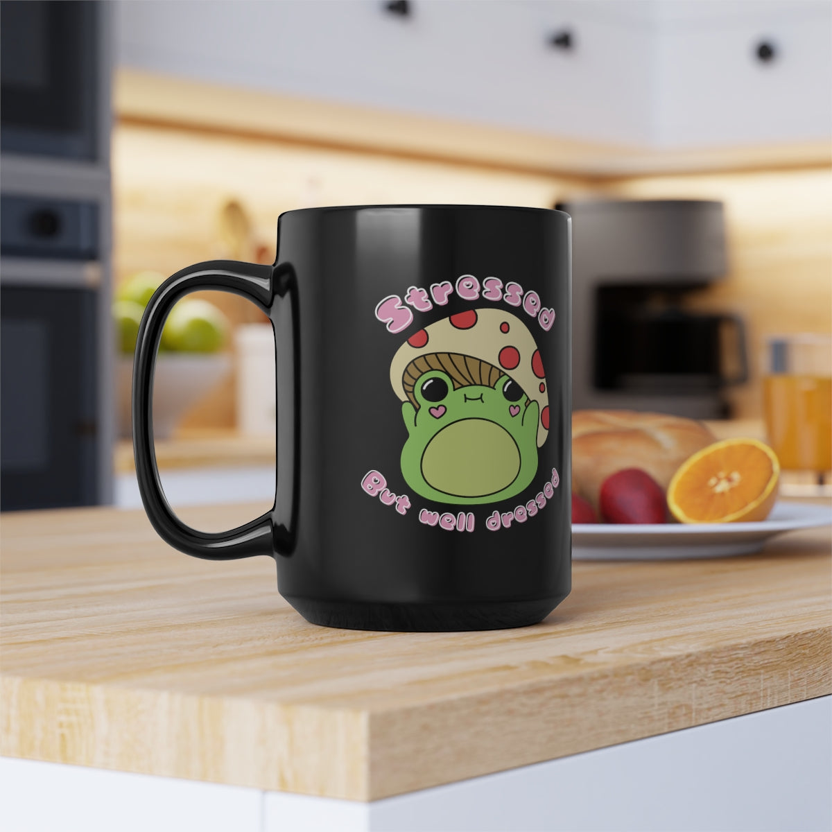 Stressed but well dressed cute frog mug - Black Mug - - Aurora Corner Shop