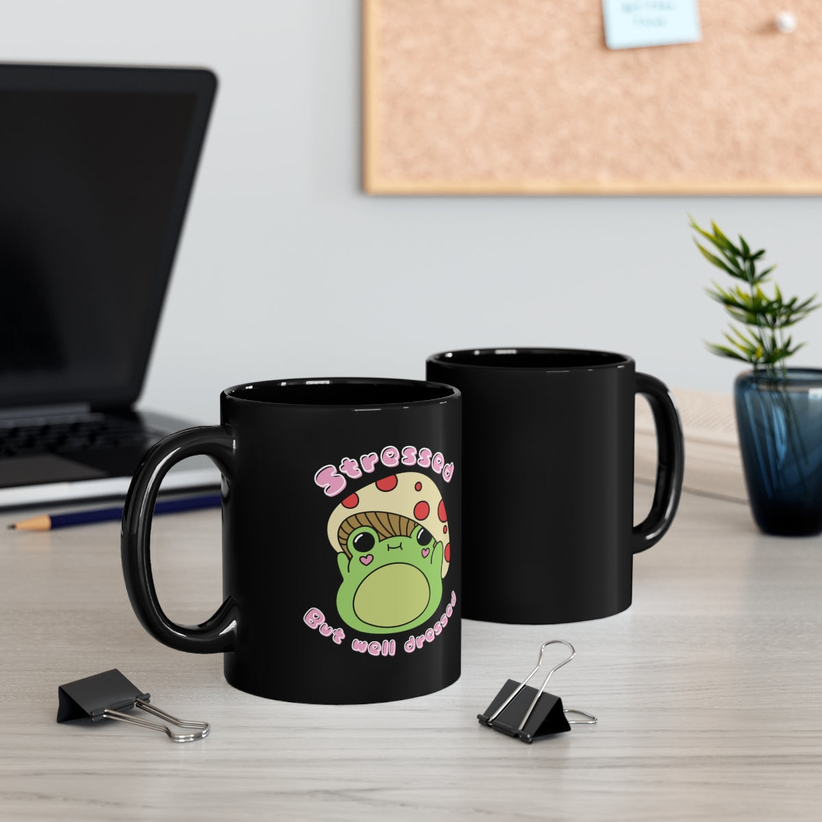 Stressed but well dressed cute frog mug - Black Mug - - Aurora Corner Shop