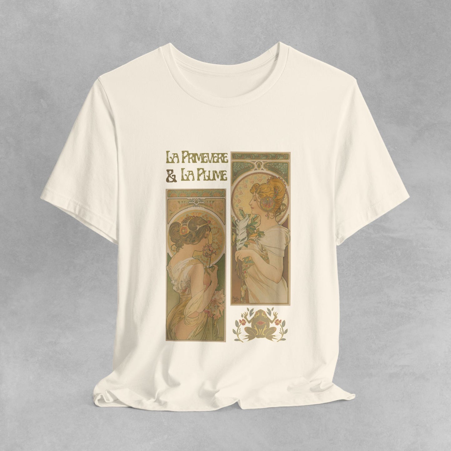 Vintage French Art Nouveau Design Unisex Organic Cotton T-Shirt with Alphonse Mucha Art La Primevere & La Plume