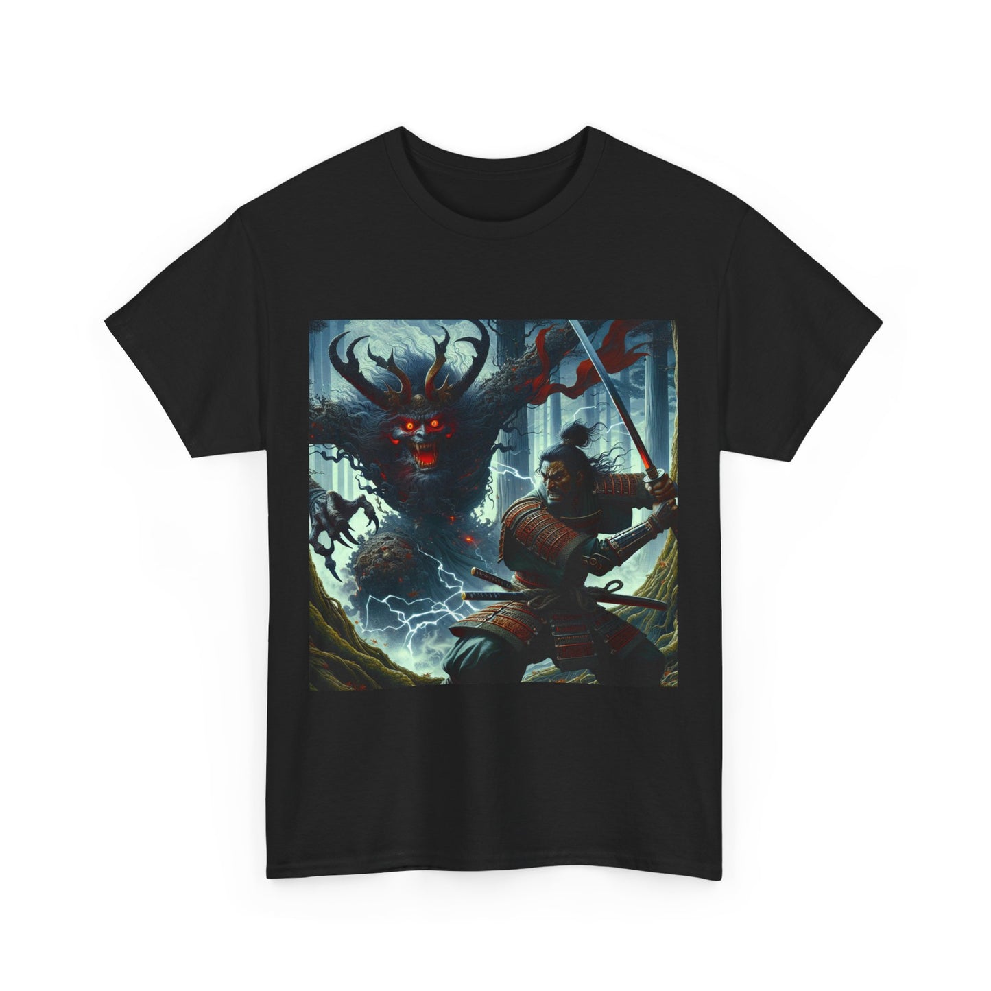 Mythical Battle Samurai T-Shirt - Unisex Tee with Demon Art, Heavy Cotton Shirt, Japanese Warrior Top, Fantasy Graphic Tee, Samurai Theme