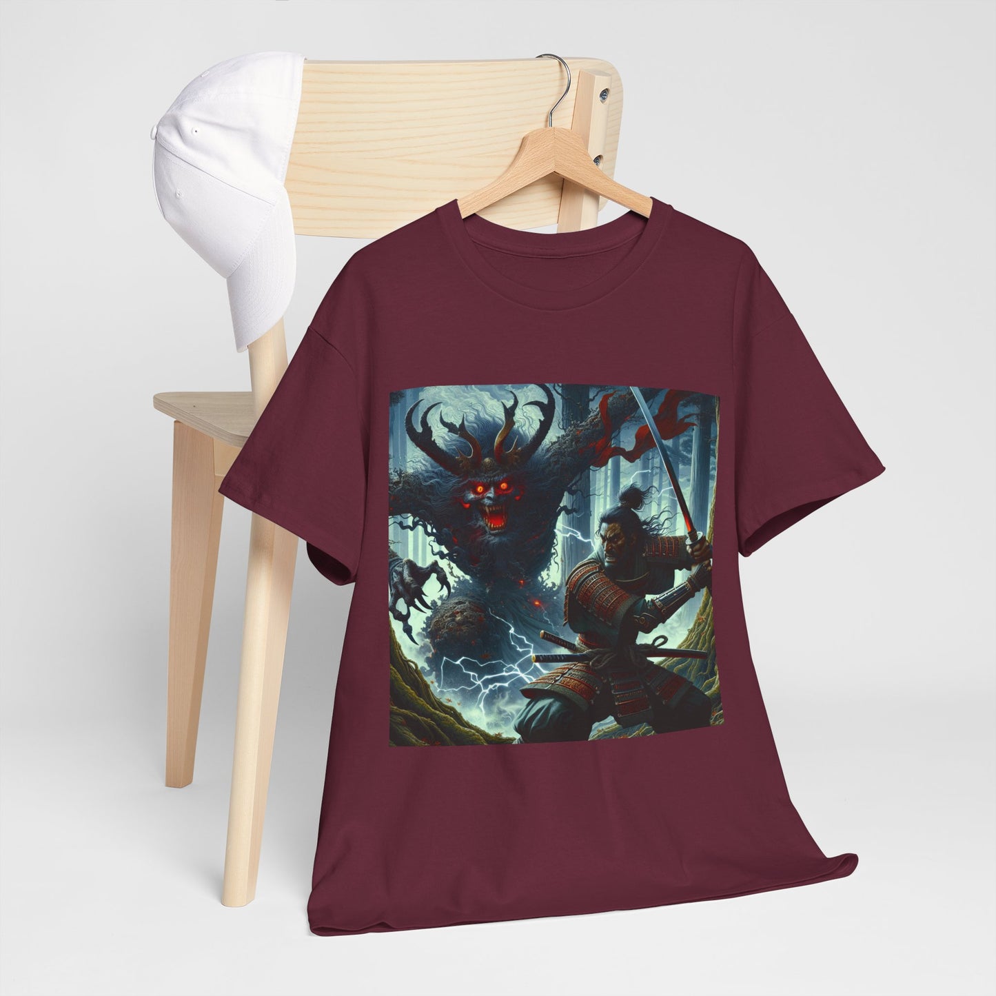 Mythical Battle Samurai T-Shirt - Unisex Tee with Demon Art, Heavy Cotton Shirt, Japanese Warrior Top, Fantasy Graphic Tee, Samurai Theme