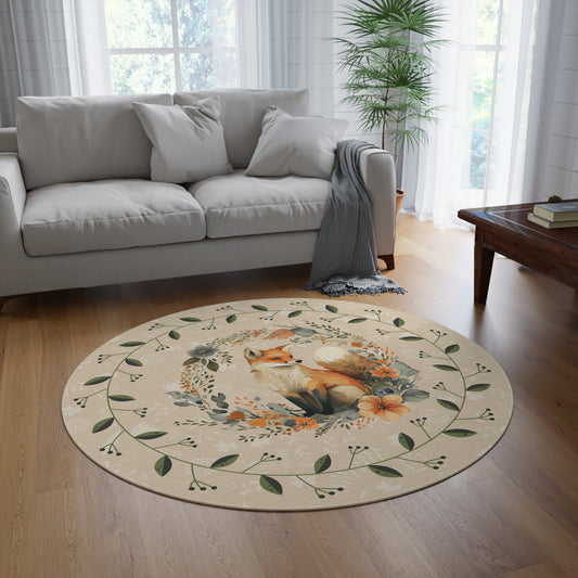 Fox Nature Round Rug, Vintage Farmhouse Cottagecore, Vintage Farmhouse Cottagecore Whimsical Floral Fox Decorative Rug, Home Decor Kids room