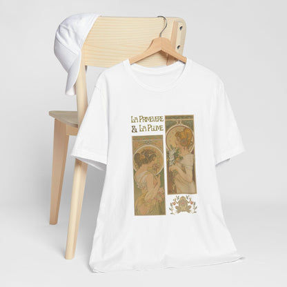 Vintage French Art Nouveau Design Unisex Organic Cotton T-Shirt with Alphonse Mucha Art La Primevere & La Plume