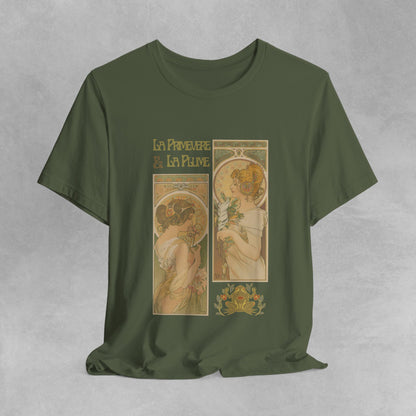 Vintage French Art Nouveau Design Unisex Organic Cotton T-Shirt with Alphonse Mucha Art La Primevere & La Plume