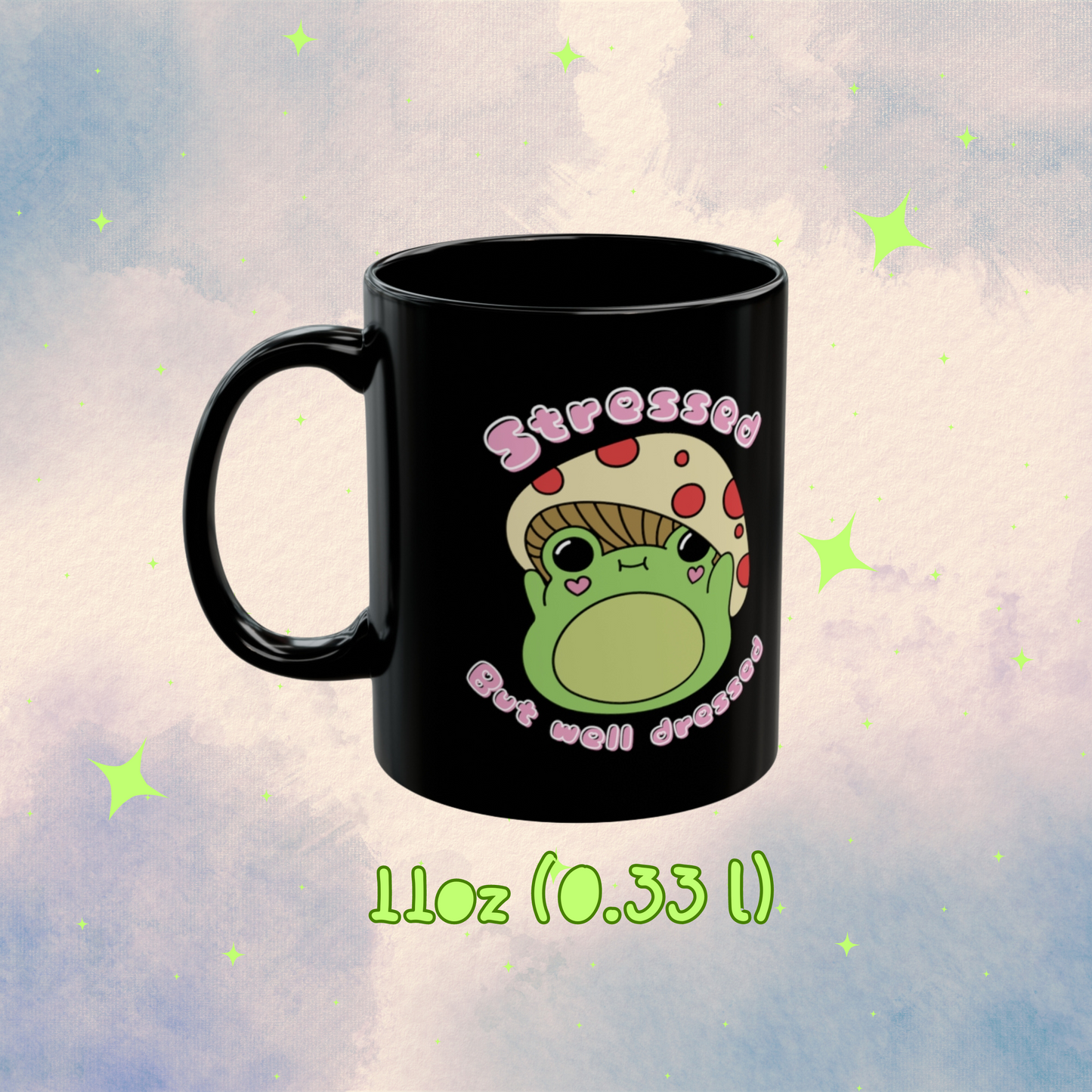 Stressed but well dressed cute frog mug - Black Mug - - Aurora Corner Shop