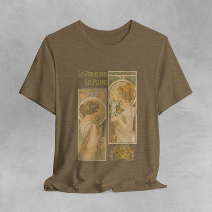 Vintage French Art Nouveau Design Unisex Organic Cotton T-Shirt with Alphonse Mucha Art La Primevere & La Plume