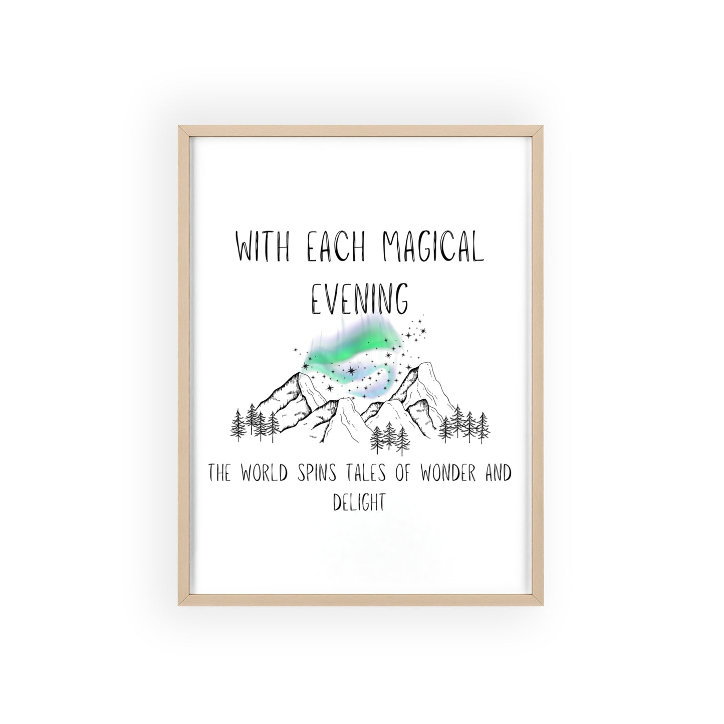 Magical Aurora Borealis Poster with Wooden Frame - Northern lights minimalist wall art poster Nordic inspired