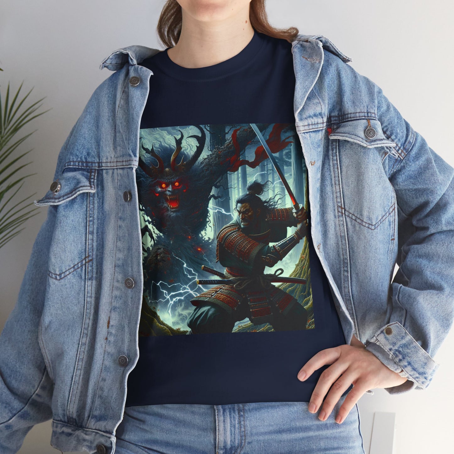 Mythical Battle Samurai T-Shirt - Unisex Tee with Demon Art, Heavy Cotton Shirt, Japanese Warrior Top, Fantasy Graphic Tee, Samurai Theme