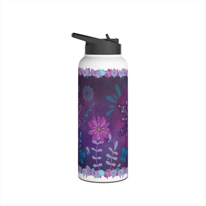 Arctic Blossom Insulated Water Bottle - Purple water bottle , Lavender, Art Steel Water Bottle, Thermal Water Bottle,  Straw  flower  Bottle