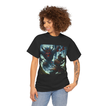 Mythical Battle Samurai T-Shirt - Unisex Tee with Demon Art, Heavy Cotton Shirt, Japanese Warrior Top, Fantasy Graphic Tee, Samurai Theme