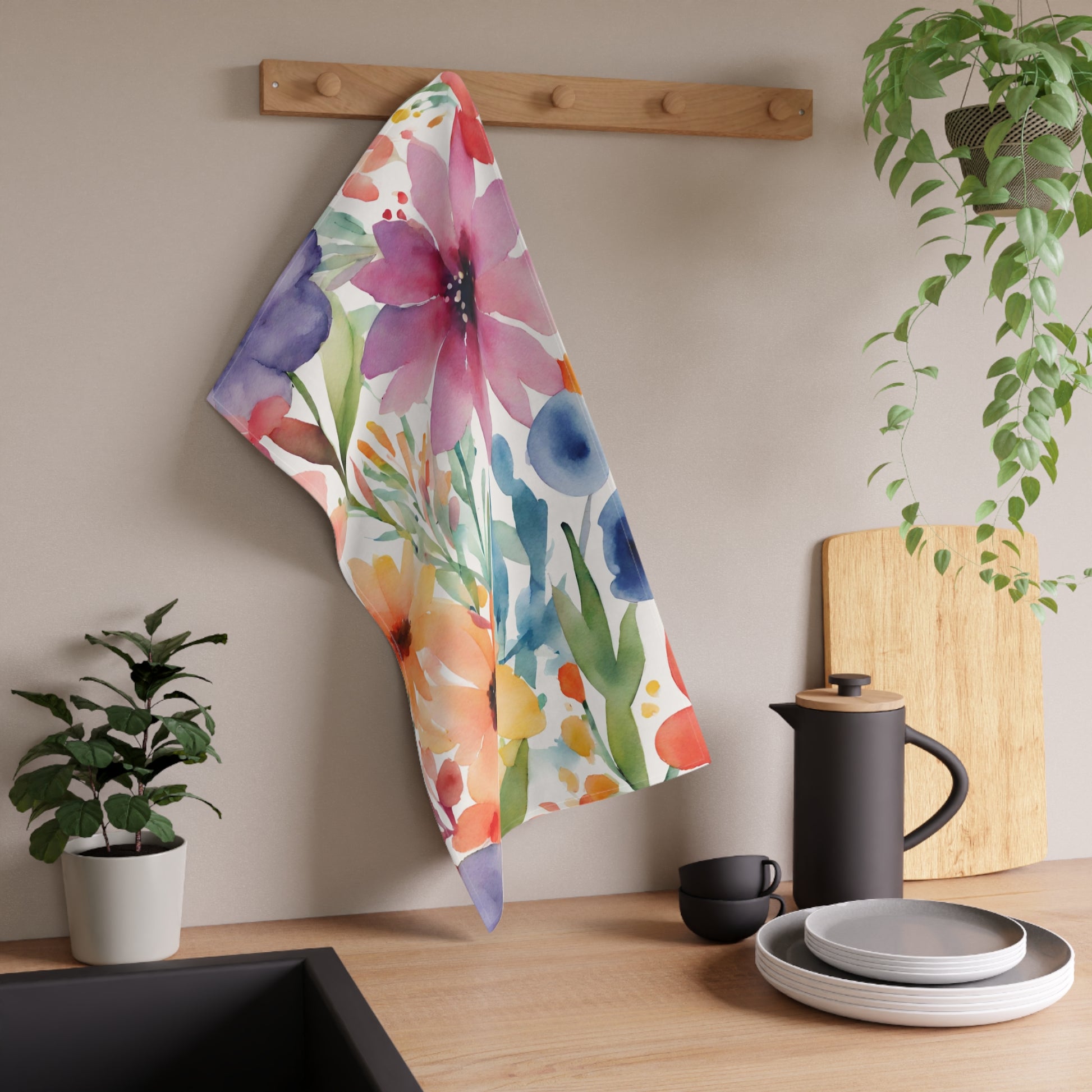 Floral Watercolor Kitchen Towel - Colorful Flower Kitchen Towel - Aurora Corner Shop