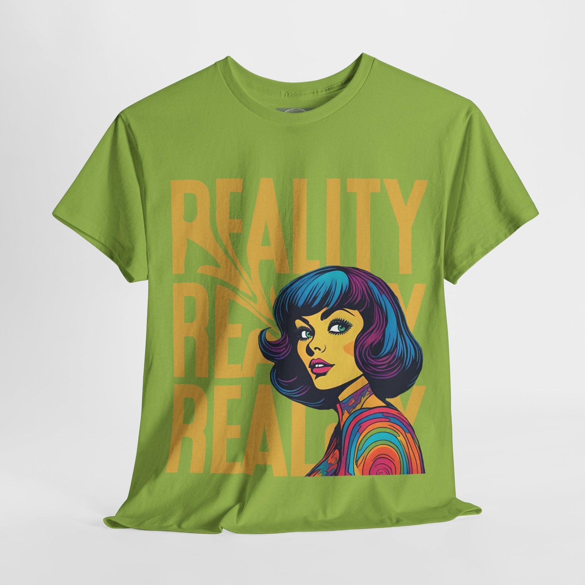 Reality Retro Style Psychedelic T-Shirt featuring a vibrant 60s-inspired design, made from 100% heavy cotton for ultimate comfort. This unisex t-shirt offers a classic fit with no side seams, ensuring a smooth wear without irritation. Perfect for retro fashion lovers, this unique tee combines style and sustainability, ethically produced from US cotton