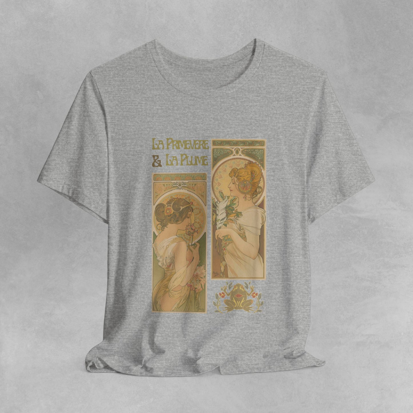 Vintage French Art Nouveau Design Unisex Organic Cotton T-Shirt with Alphonse Mucha Art La Primevere & La Plume