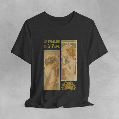 Vintage French Art Nouveau Design Unisex Organic Cotton T-Shirt with Alphonse Mucha Art La Primevere & La Plume