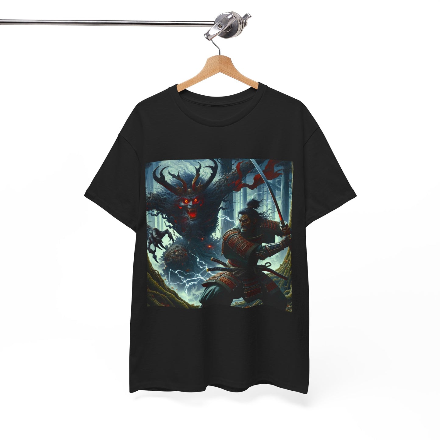 Mythical Battle Samurai T-Shirt - Unisex Tee with Demon Art, Heavy Cotton Shirt, Japanese Warrior Top, Fantasy Graphic Tee, Samurai Theme