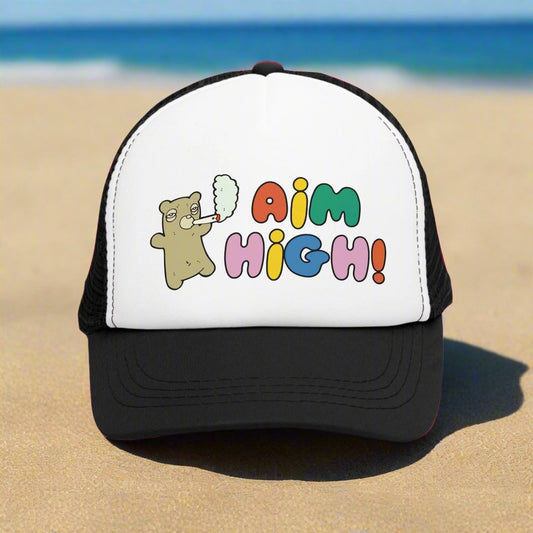 Aim High Stoner Trucker Cap with a vintage-style design and breathable mesh back. This funny marijuana hat adds a playful touch to any outfit, making it a great 420 gift for both women and men. Perfect for cannabis enthusiasts, this cute and silly cap brings humor to casual wear.
