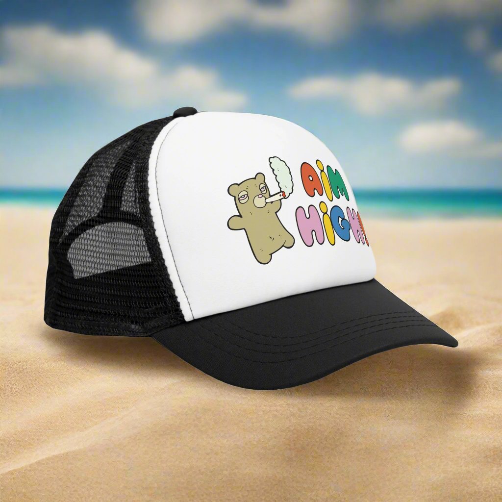 Aim High Stoner Trucker Cap with a vintage-style design and breathable mesh back. This funny marijuana hat adds a playful touch to any outfit, making it a great 420 gift for both women and men. Perfect for cannabis enthusiasts, this cute and silly cap brings humor to casual wear.