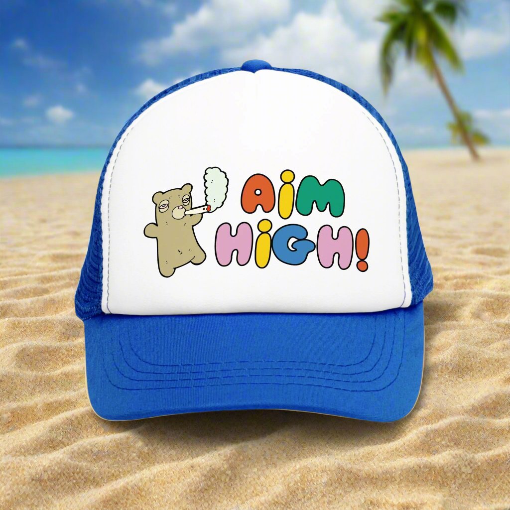 Aim High Stoner Trucker Cap with a vintage-style design and breathable mesh back. This funny marijuana hat adds a playful touch to any outfit, making it a great 420 gift for both women and men. Perfect for cannabis enthusiasts, this cute and silly cap brings humor to casual wear.