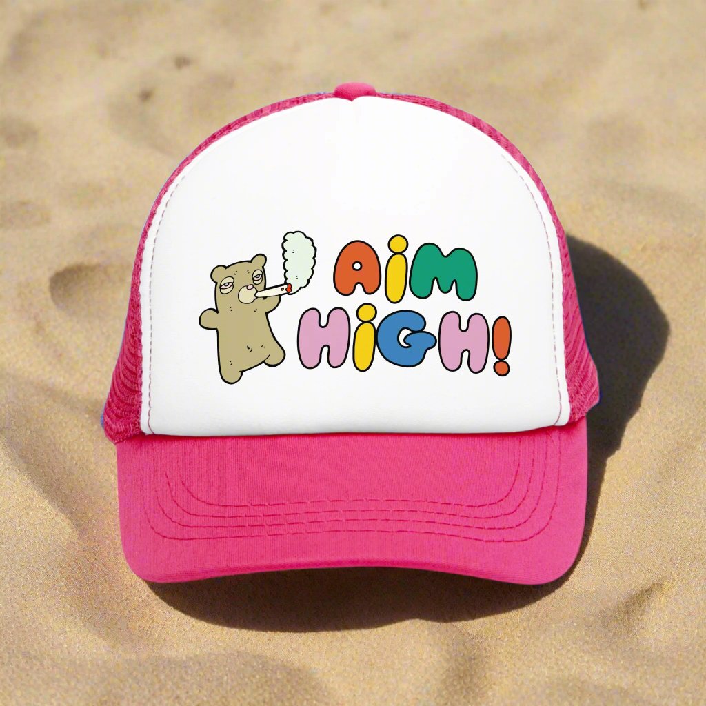 Aim High Stoner Trucker Cap with a vintage-style design and breathable mesh back. This funny marijuana hat adds a playful touch to any outfit, making it a great 420 gift for both women and men. Perfect for cannabis enthusiasts, this cute and silly cap brings humor to casual wear.