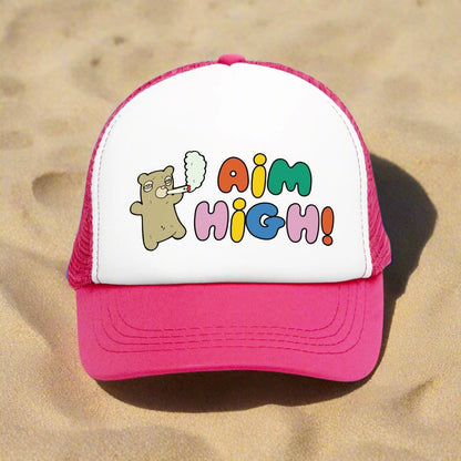 Aim High Stoner Trucker Cap with a vintage-style design and breathable mesh back. This funny marijuana hat adds a playful touch to any outfit, making it a great 420 gift for both women and men. Perfect for cannabis enthusiasts, this cute and silly cap brings humor to casual wear.
