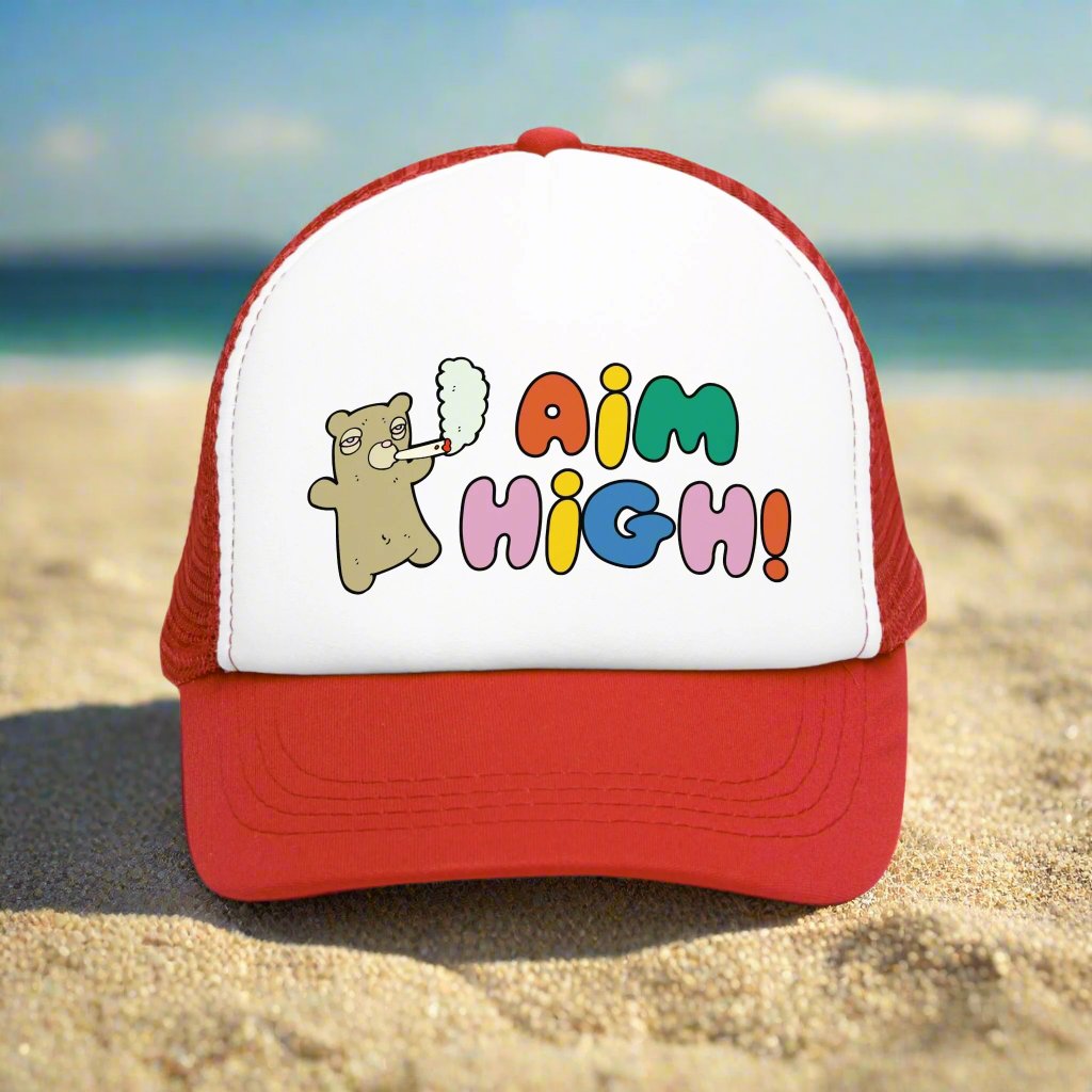 Aim High Stoner Trucker Cap with a vintage-style design and breathable mesh back. This funny marijuana hat adds a playful touch to any outfit, making it a great 420 gift for both women and men. Perfect for cannabis enthusiasts, this cute and silly cap brings humor to casual wear.