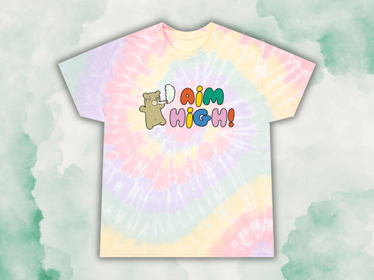 Aimhigh Tie-Dye Tee featuring a stoner-inspired design, perfect for cannabis enthusiasts and 420-friendly fashion. This aesthetic weed shirt is ideal for festival wear, offering a bold and vibrant look. Great gift for stoner girls, marijuana lovers, and anyone who enjoys unique and expressive clothing.