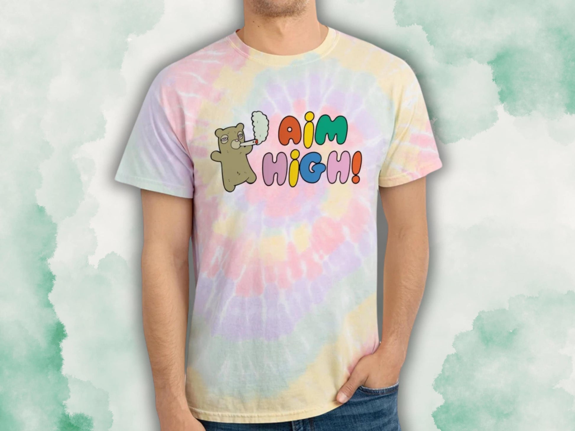 Aimhigh Tie-Dye Tee featuring a stoner-inspired design, perfect for cannabis enthusiasts and 420-friendly fashion. This aesthetic weed shirt is ideal for festival wear, offering a bold and vibrant look. Great gift for stoner girls, marijuana lovers, and anyone who enjoys unique and expressive clothing.