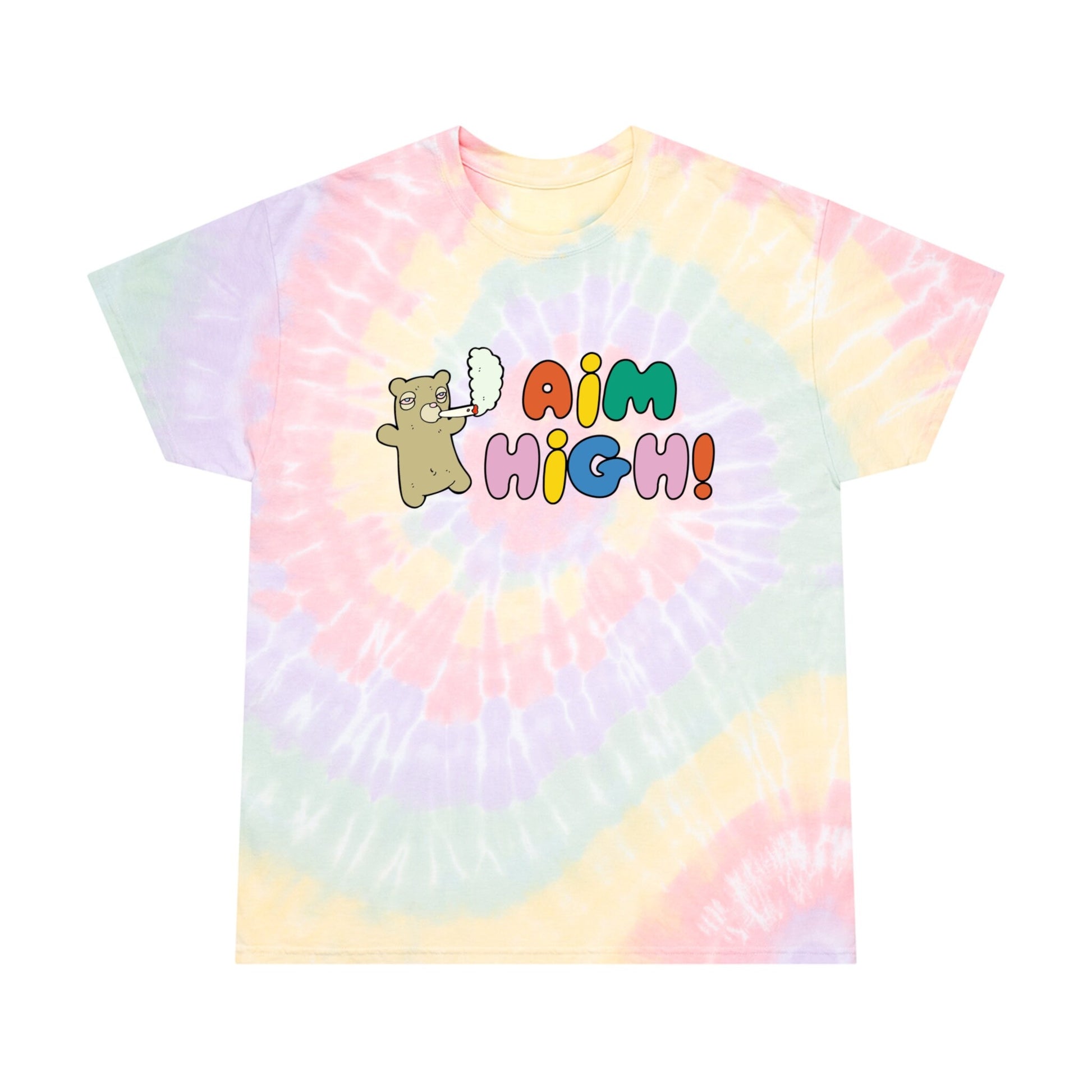 Aimhigh Tie-Dye Tee featuring a stoner-inspired design, perfect for cannabis enthusiasts and 420-friendly fashion. This aesthetic weed shirt is ideal for festival wear, offering a bold and vibrant look. Great gift for stoner girls, marijuana lovers, and anyone who enjoys unique and expressive clothing.
