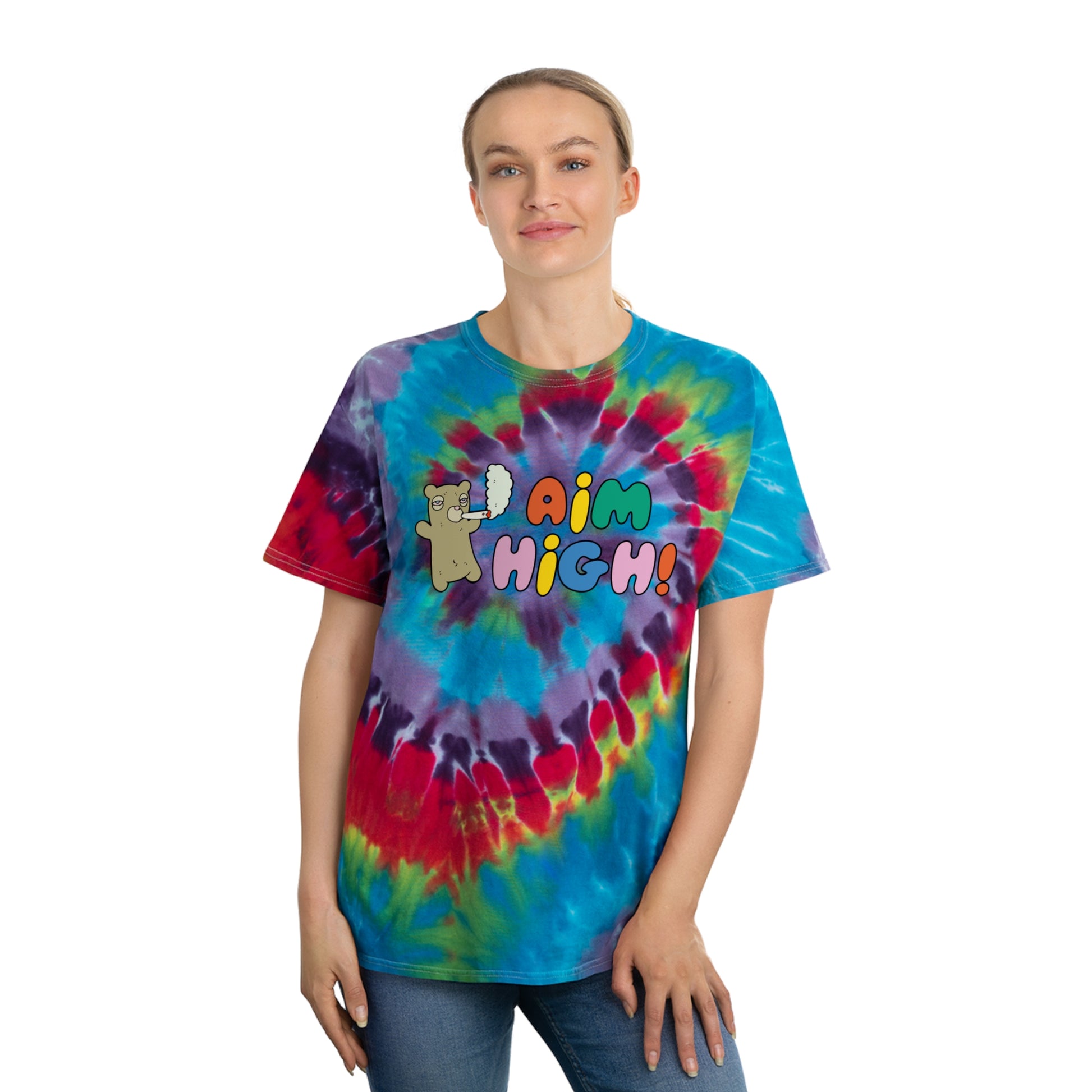Aimhigh Tie-Dye Tee featuring a stoner-inspired design, perfect for cannabis enthusiasts and 420-friendly fashion. This aesthetic weed shirt is ideal for festival wear, offering a bold and vibrant look. Great gift for stoner girls, marijuana lovers, and anyone who enjoys unique and expressive clothing.