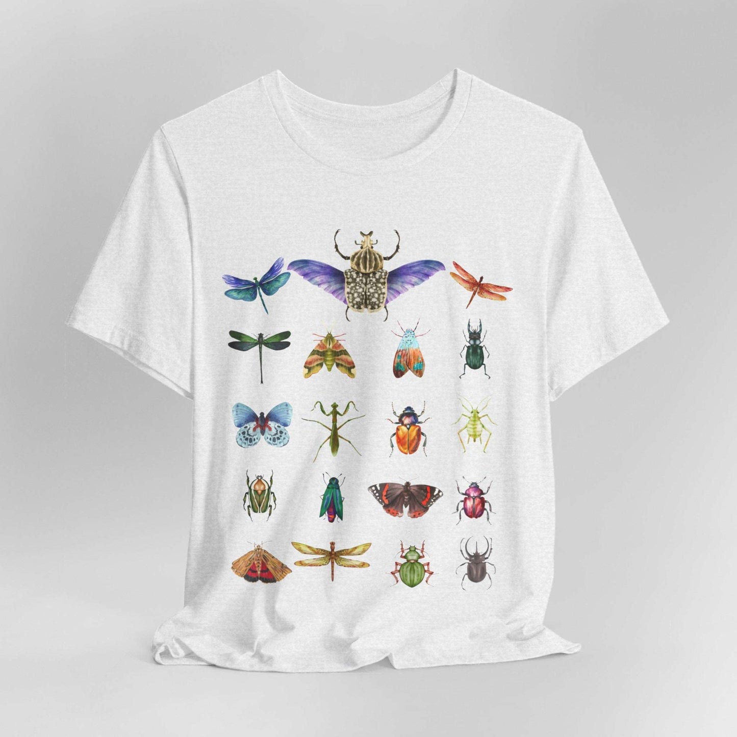 Bugs Entomology Insects T-shirt Cool Watercolour Bug and Beetle Shirt featuring an entomology-inspired insect design, perfect for bug lovers and nature enthusiasts. Made from soft, breathable 100% Airlume cotton, this unisex t-shirt is ideal for hiking, camping, and wildlife watching. Eco-friendly production by Bella+Canvas, with durable ribbed collars and a tear-away label for maximum comfort