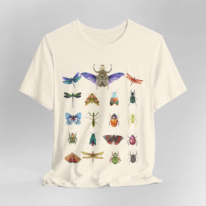 Bugs Entomology Insects T-shirt Cool Watercolour Bug and Beetle Shirt featuring an entomology-inspired insect design, perfect for bug lovers and nature enthusiasts. Made from soft, breathable 100% Airlume cotton, this unisex t-shirt is ideal for hiking, camping, and wildlife watching. Eco-friendly production by Bella+Canvas, with durable ribbed collars and a tear-away label for maximum comfort.
