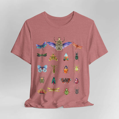 Bugs Entomology Insects T-shirt Cool Watercolour Bug and Beetle Shirt featuring an entomology-inspired insect design, perfect for bug lovers and nature enthusiasts. Made from soft, breathable 100% Airlume cotton, this unisex t-shirt is ideal for hiking, camping, and wildlife watching. Eco-friendly production by Bella+Canvas, with durable ribbed collars and a tear-away label for maximum comfort