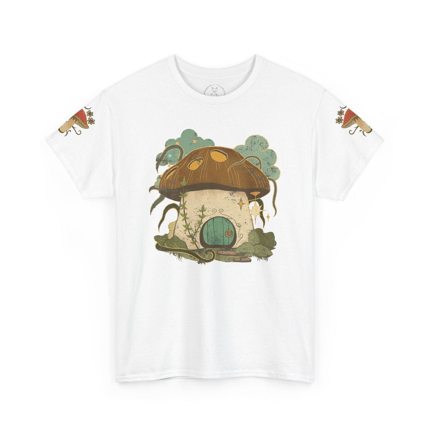 Cottagecore-inspired t-shirt featuring a cute mushroom house on the front and whimsical mushrooms on the sleeves, crafted from 100% cotton for comfort and durability.