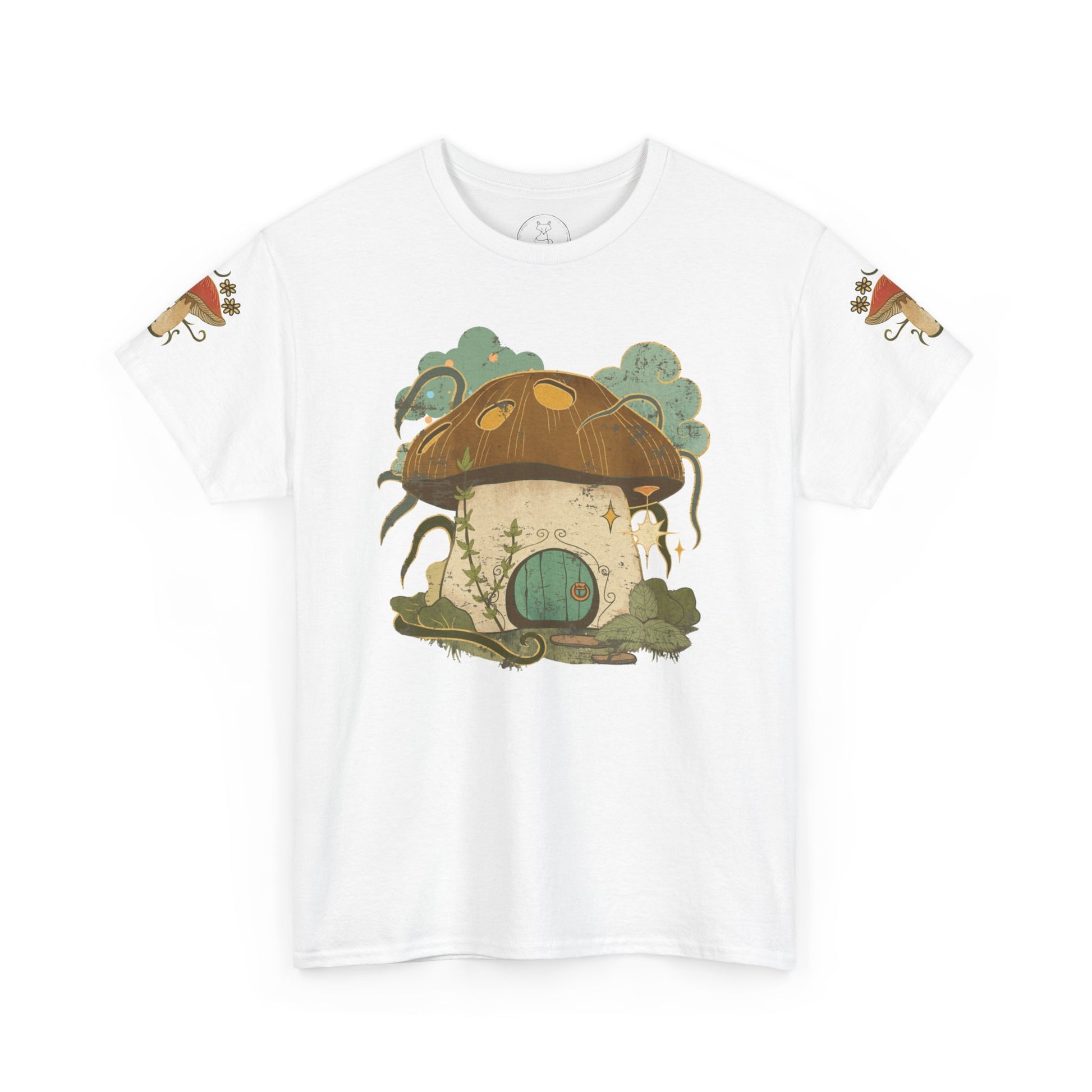 Cottagecore-inspired t-shirt featuring a cute mushroom house on the front and whimsical mushrooms on the sleeves, crafted from 100% cotton for comfort and durability.