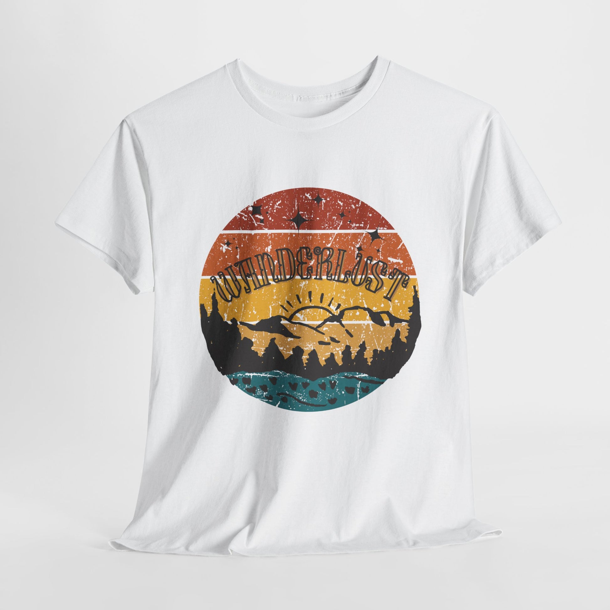 Wanderlust vintage style cotton t-shirt with retro travel design, perfect for travel lovers and adventure seekers. Soft, breathable fabric with a faded print, offering comfort and timeless fashion with hippie vibes. Ideal for casual wear and exploring new destinations