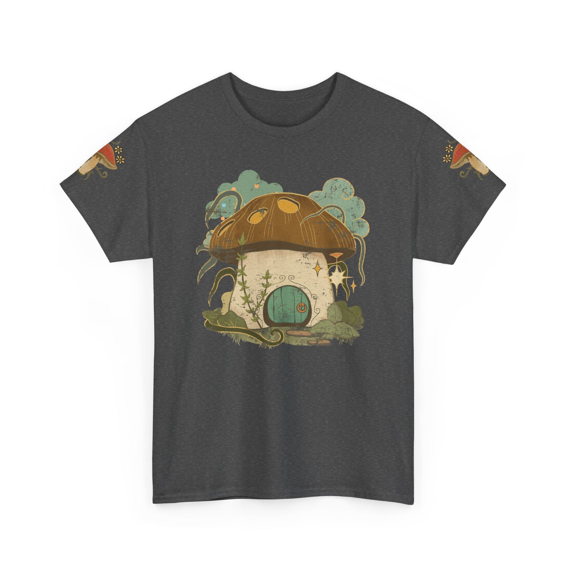 Cottagecore-inspired t-shirt featuring a cute mushroom house on the front and whimsical mushrooms on the sleeves, crafted from 100% cotton for comfort and durability