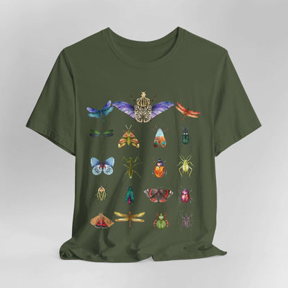 Bugs Entomology Insects T-shirt Cool Watercolour Bug and Beetle Shirt featuring an entomology-inspired insect design, perfect for bug lovers and nature enthusiasts. Made from soft, breathable 100% Airlume cotton, this unisex t-shirt is ideal for hiking, camping, and wildlife watching. Eco-friendly production by Bella+Canvas, with durable ribbed collars and a tear-away label for maximum comfort