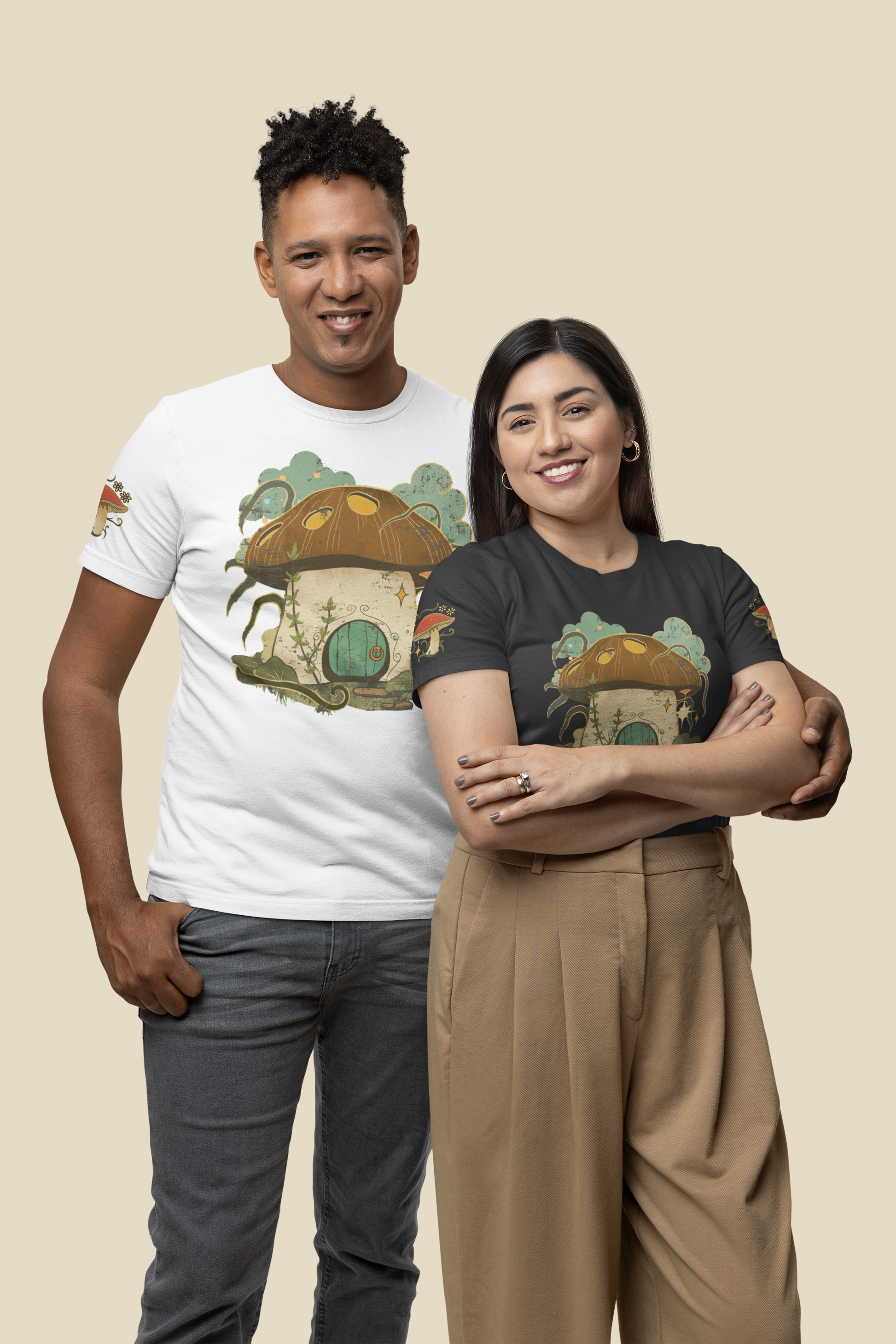 Cottagecore Mushroom House T-Shirt - Whimsical Sleeve Design"
"Fairycore-Inspired T-Shirt with Cute Mushroom Illustrations
