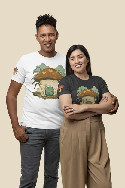 Cottagecore Mushroom House T-Shirt - Whimsical Sleeve Design"
"Fairycore-Inspired T-Shirt with Cute Mushroom Illustrations