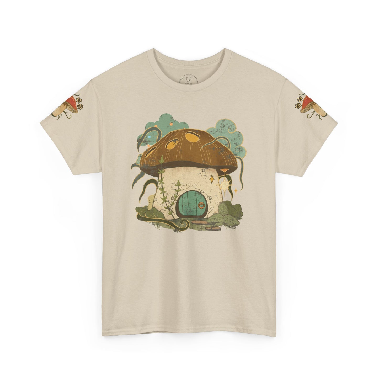 Cottagecore-inspired t-shirt featuring a cute mushroom house on the front and whimsical mushrooms on the sleeves, crafted from 100% cotton for comfort and durability.