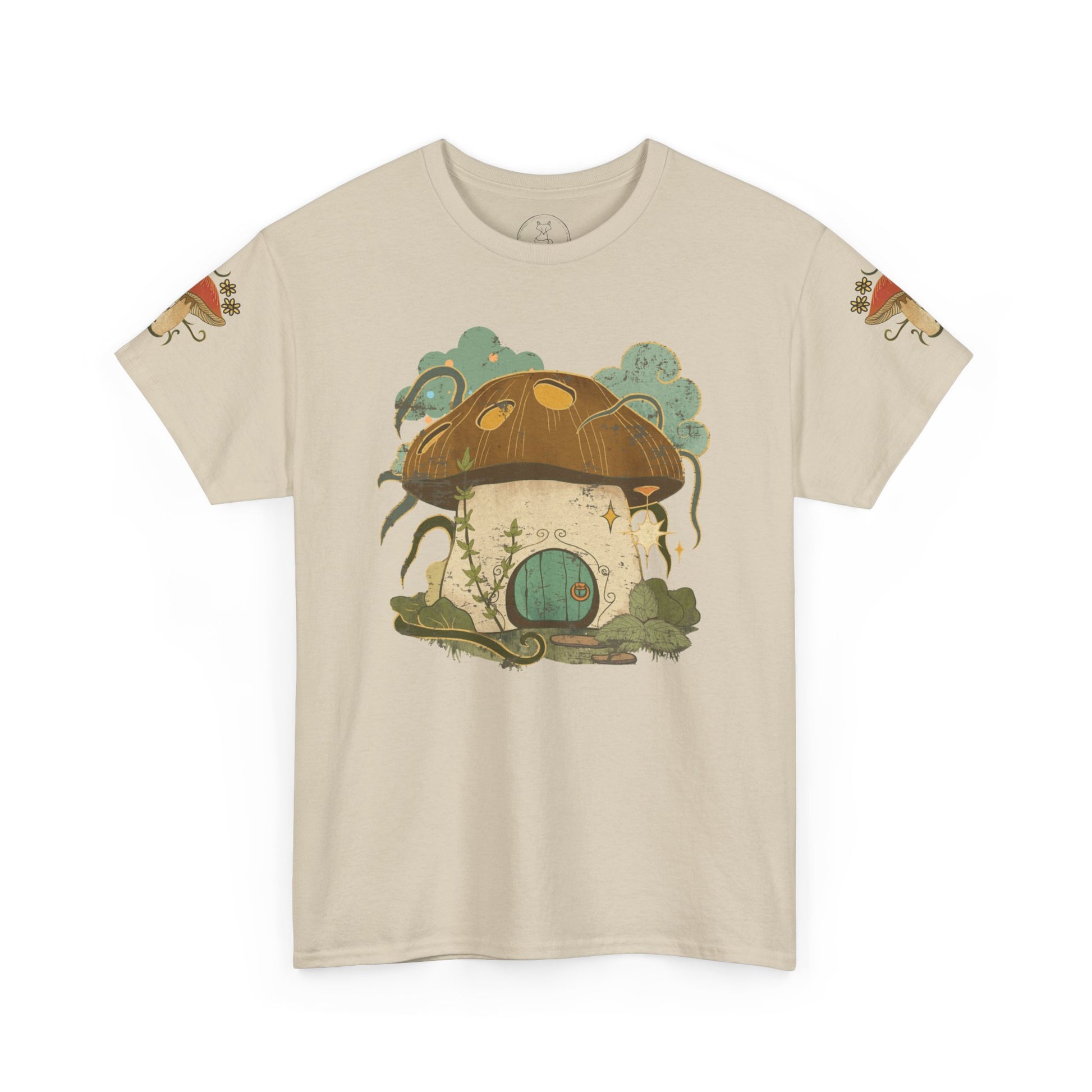Cottagecore-inspired t-shirt featuring a cute mushroom house on the front and whimsical mushrooms on the sleeves, crafted from 100% cotton for comfort and durability.