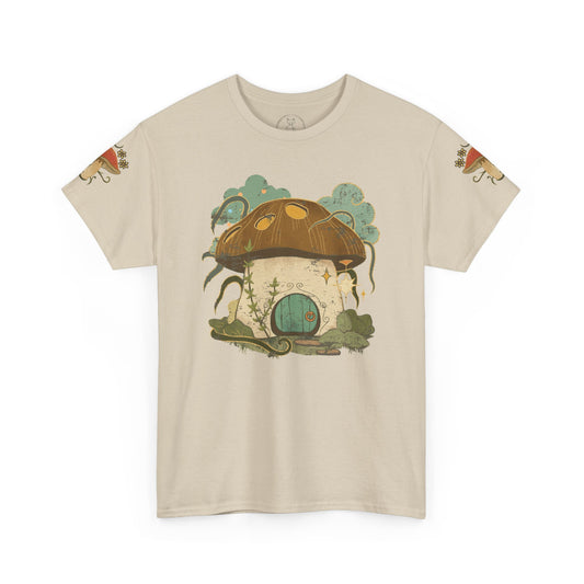 Cottagecore-inspired t-shirt featuring a cute mushroom house on the front and whimsical mushrooms on the sleeves, crafted from 100% cotton for comfort and durability.